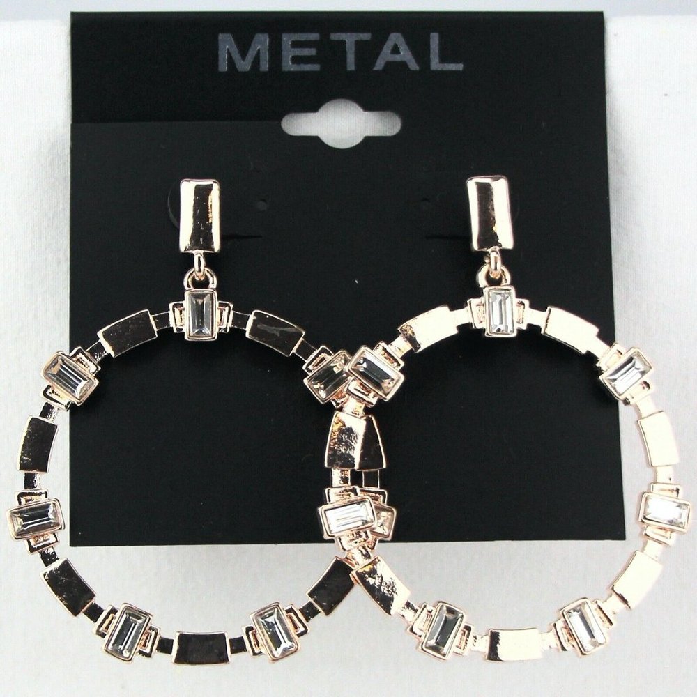 Metal Earrings Copper 2 1/8" Dangle Stud Rhinestones